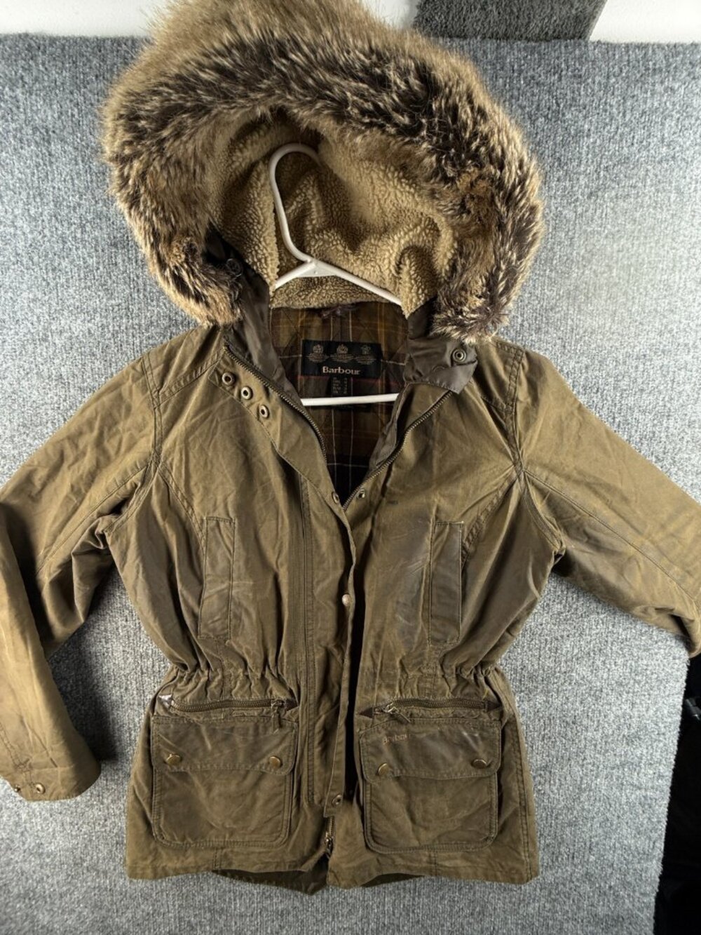 Barbour Kelsall Parka Green Waxed Jacket Women Size 6 US Faux Fur Hood Outdoors